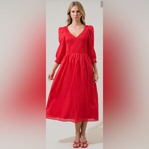 SUGAR LIPS•Zelda Smocked Long Sleeve Cotton Voile Midi Dress•Size XS•NWT